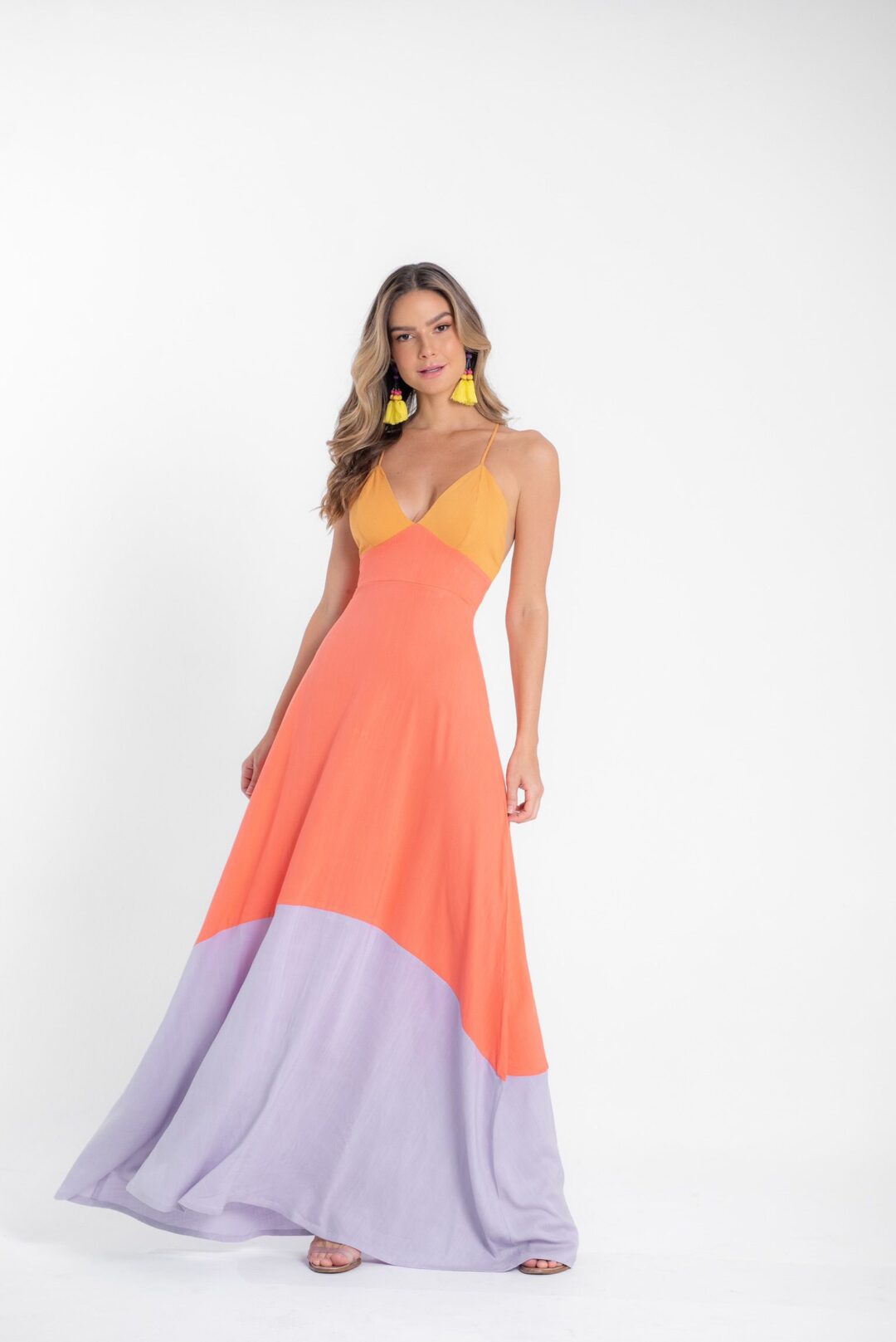 Vestido longo tricolor