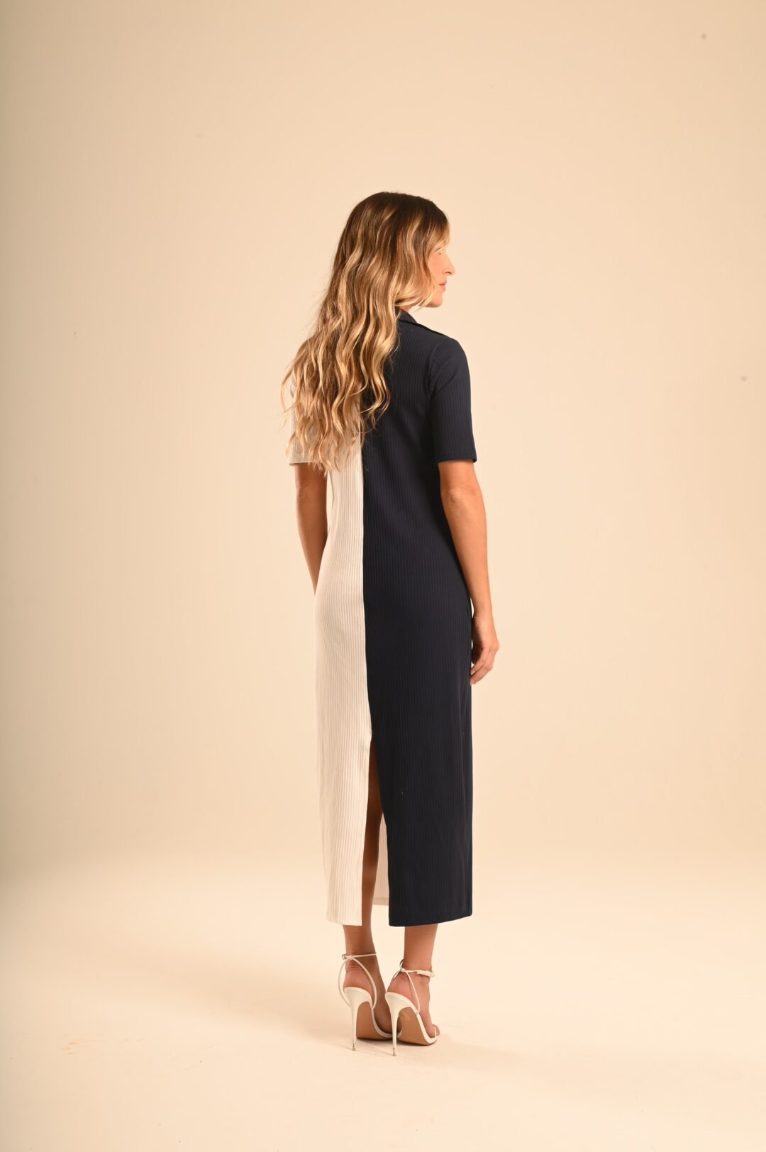 vestido bicolor malha canelada Ella