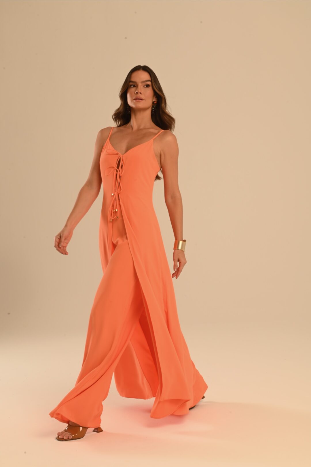 conjunto bata e calça crepe laranja Apricot