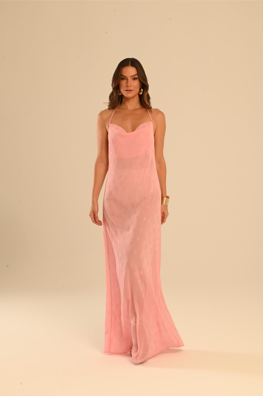 vestido longo frente única rosa bubblegum
