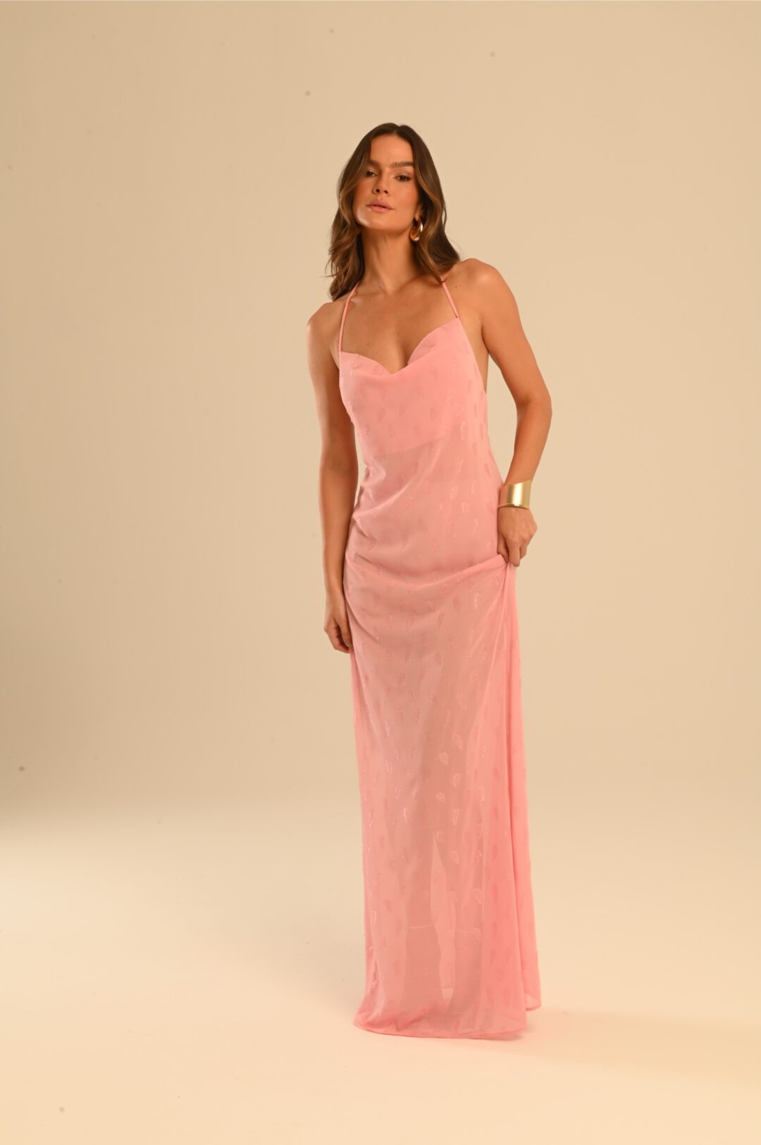 vestido longo frente única rosa bubblegum