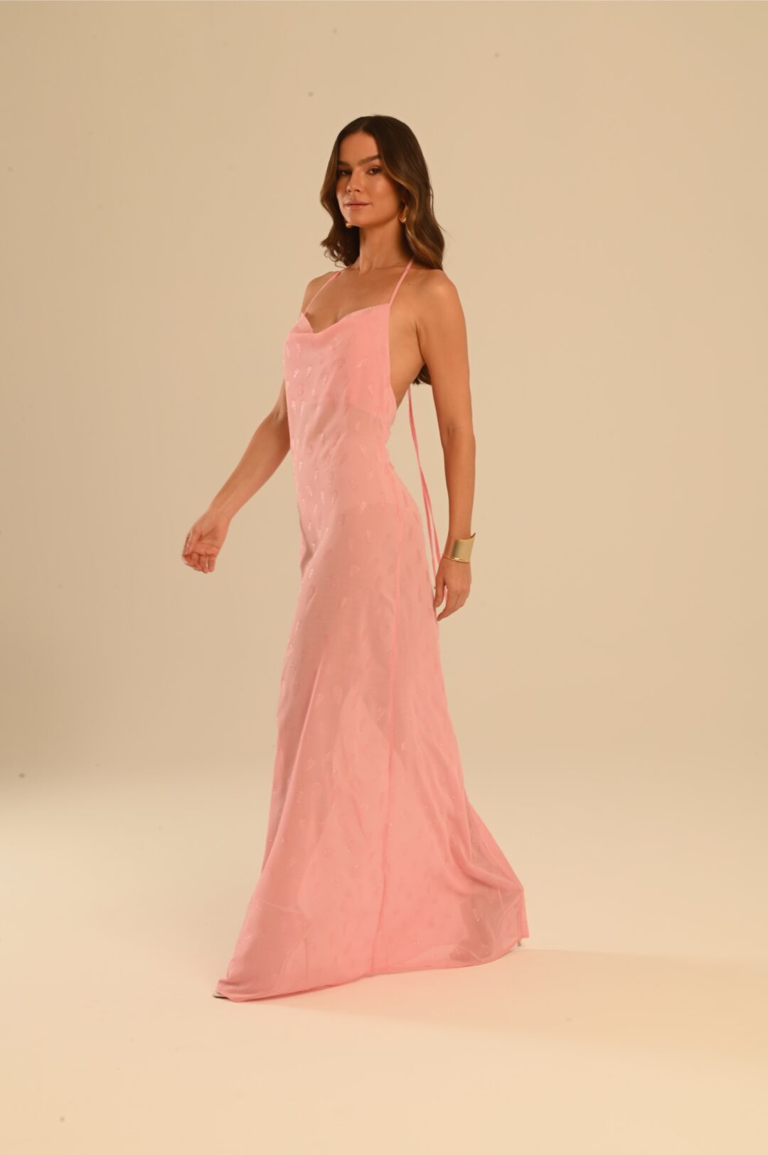vestido longo frente única rosa bubblegum