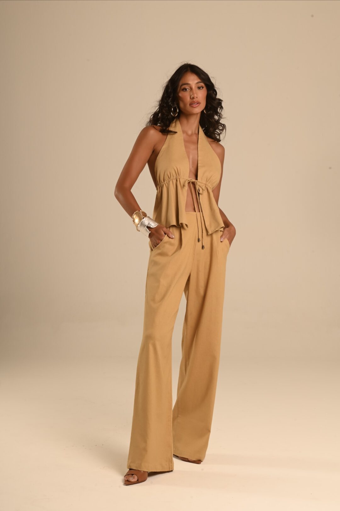 conjunto linho caramelo calça e bata baby