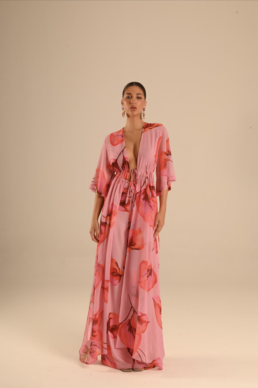 conjunto estampado bata longa e calça Antúrios