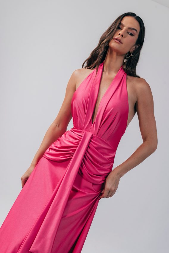Vestido longo divino maravilhoso rosa brilhante