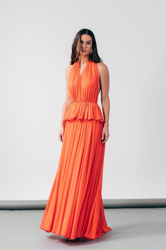 Vestido longo drapeado sob encomenda coral sunset