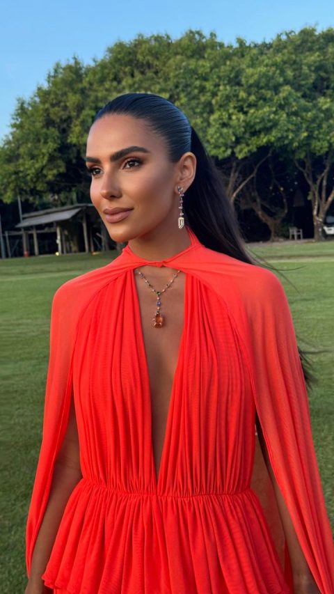 Vestido longo drapeado sob encomenda coral sunset
