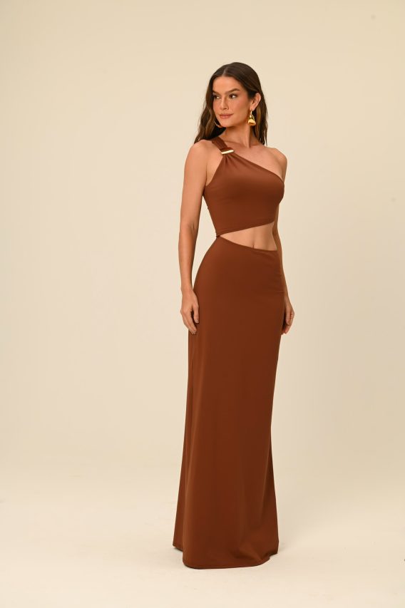 Vestido longo marrom recortes Cléo