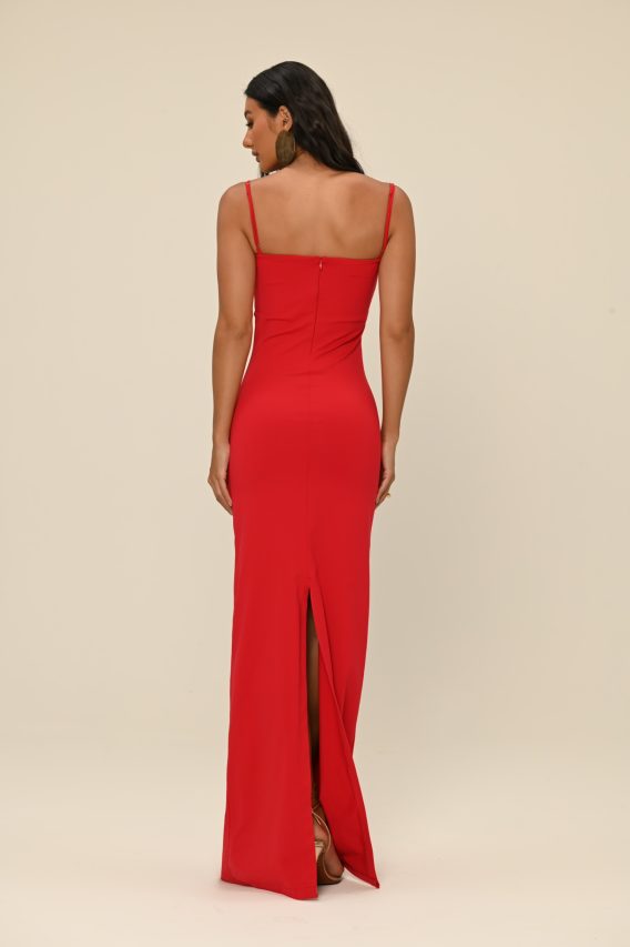 Vestido longo vermelho aviamento rubi