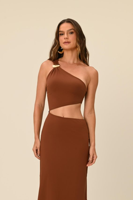 Vestido longo marrom recortes Cléo