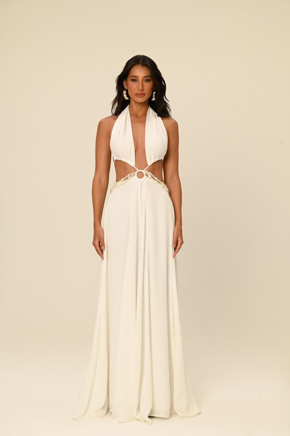 Vestido longo bodychain pérolas