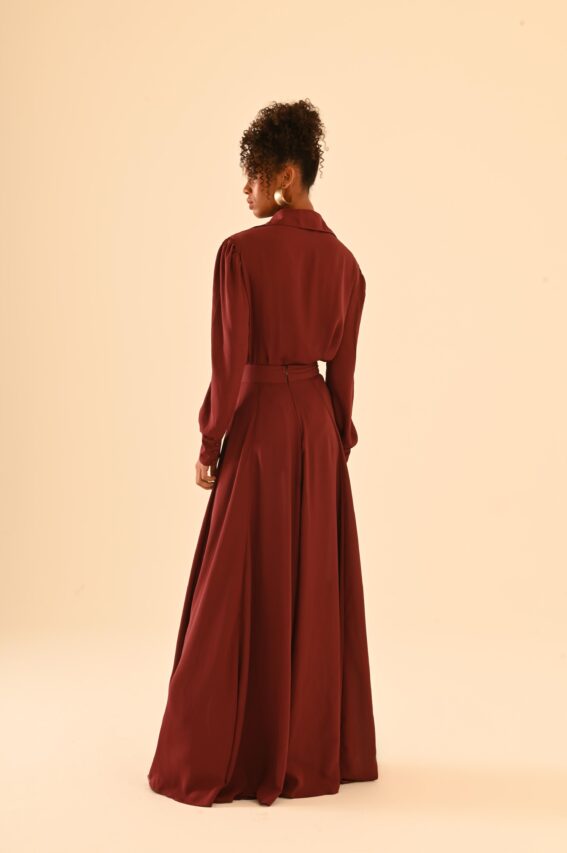 conjunto saia longa e camisa burgundy
