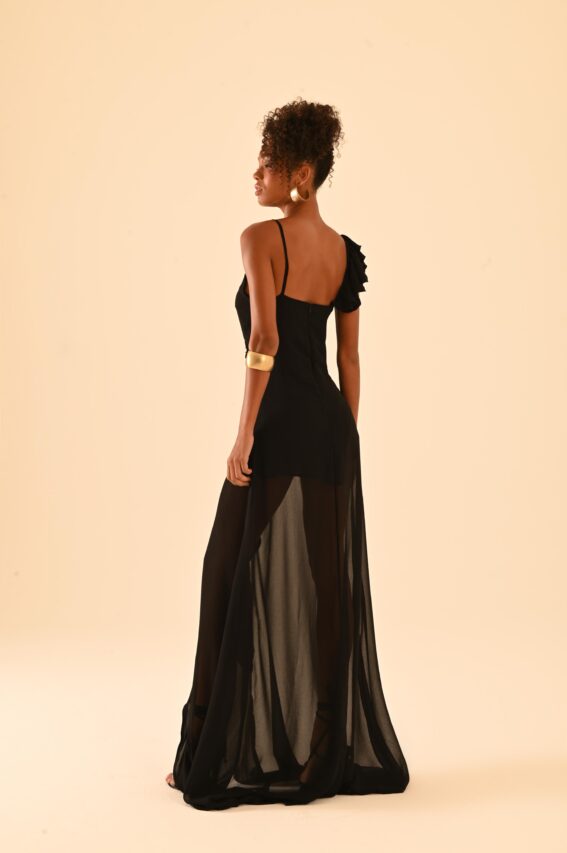 vestido longo preto babados