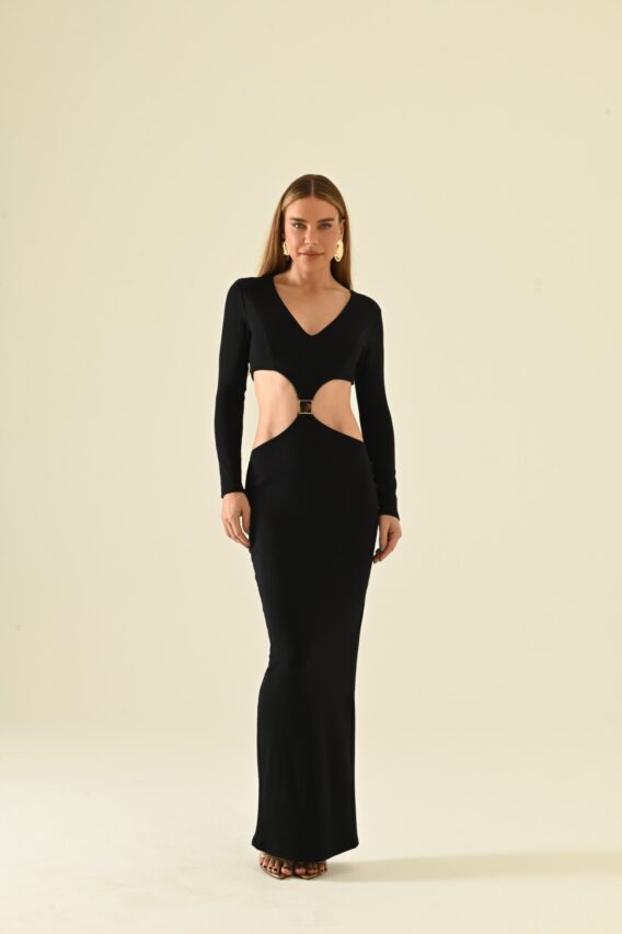 Vestido preto longo aviamento Gold