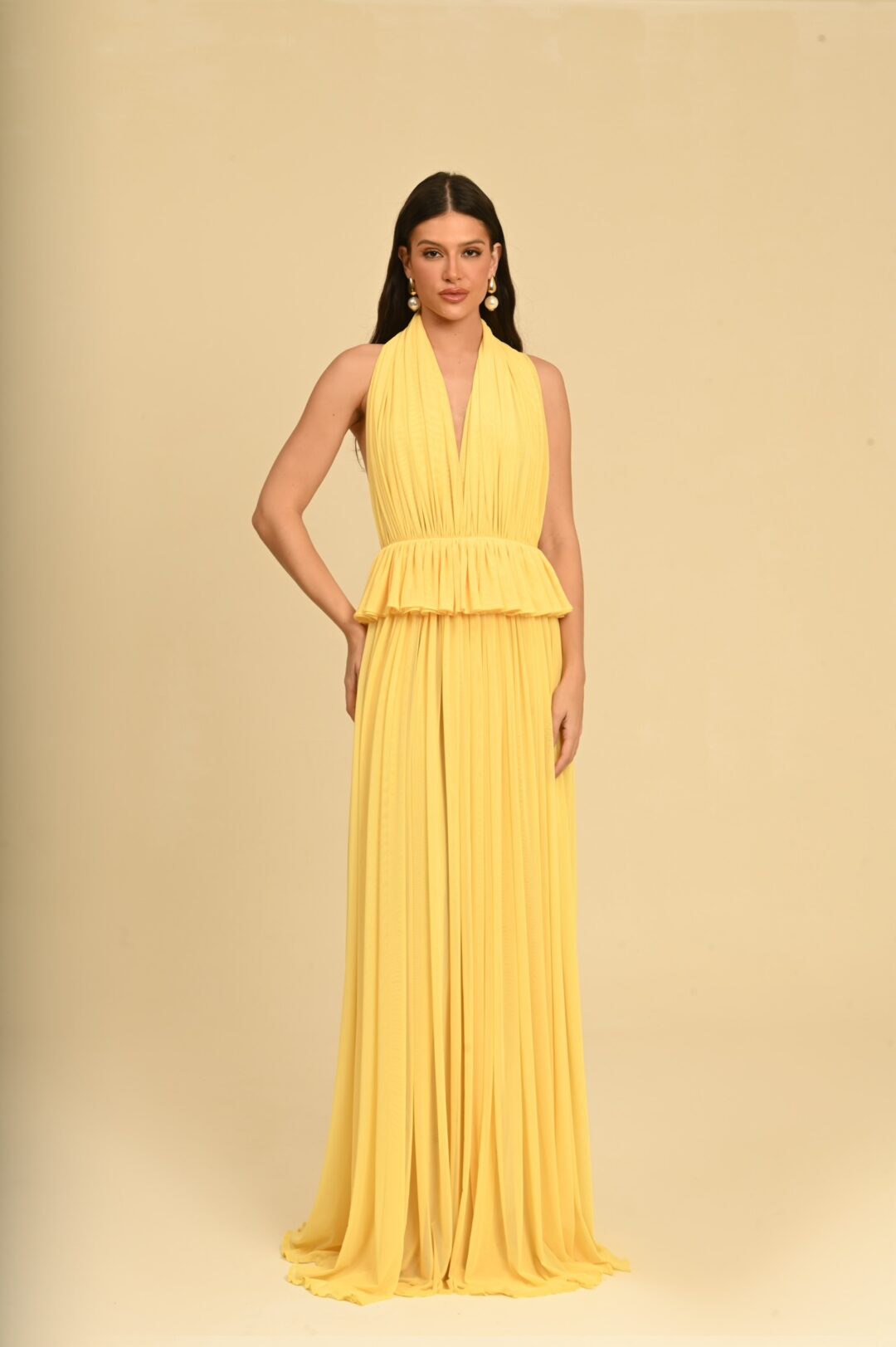 VESTIDO LONGO DRAPEADO AMARELO BUTTER
