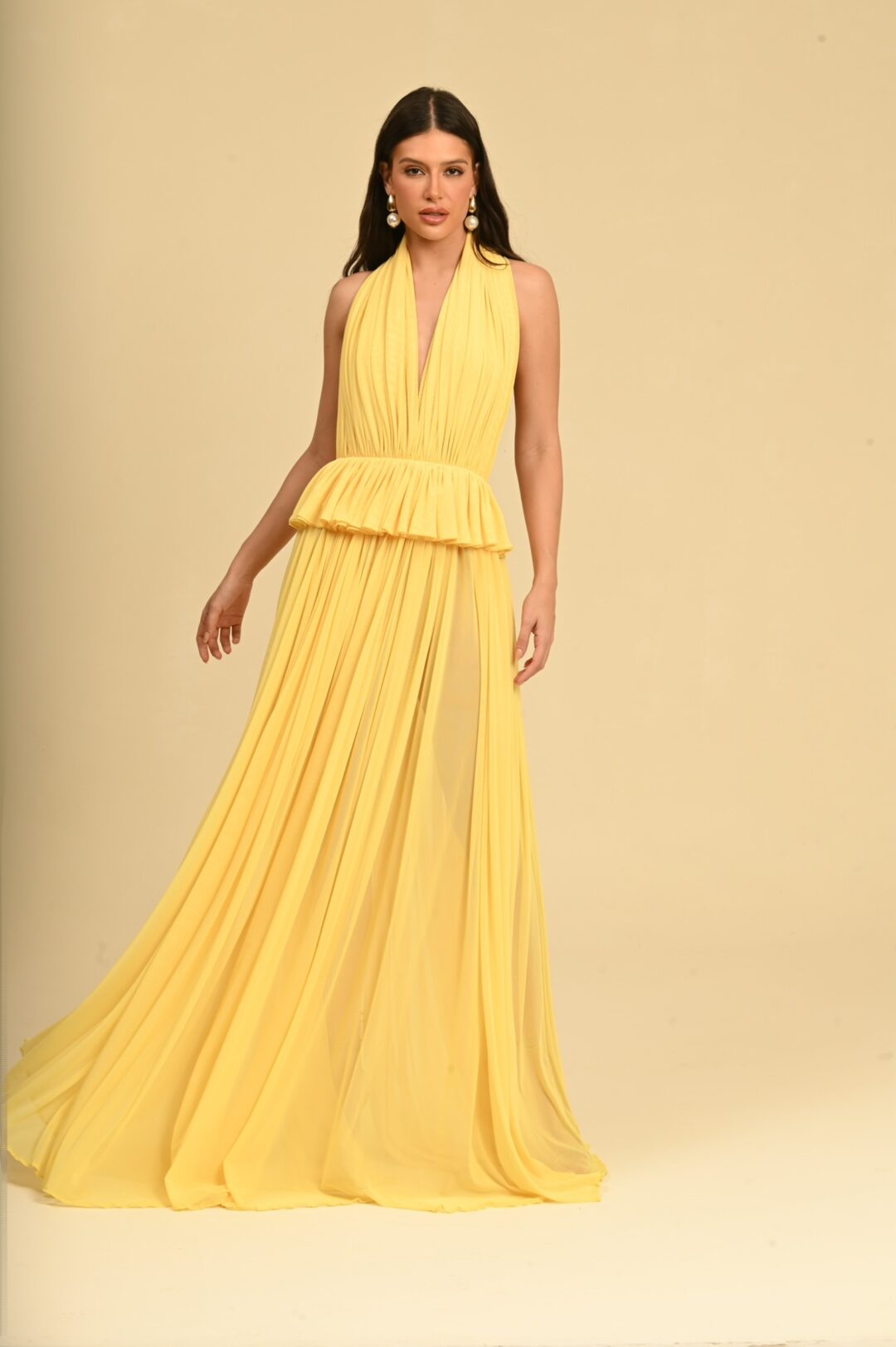 VESTIDO LONGO DRAPEADO AMARELO BUTTER