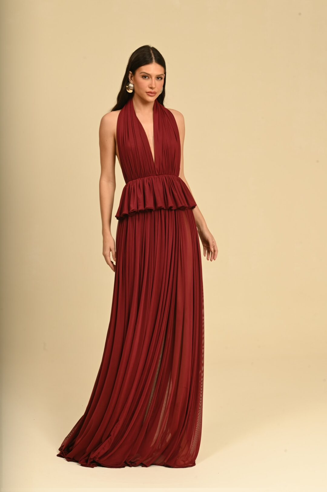 VESTIDO LONGO DRAPEADO BORDÔ