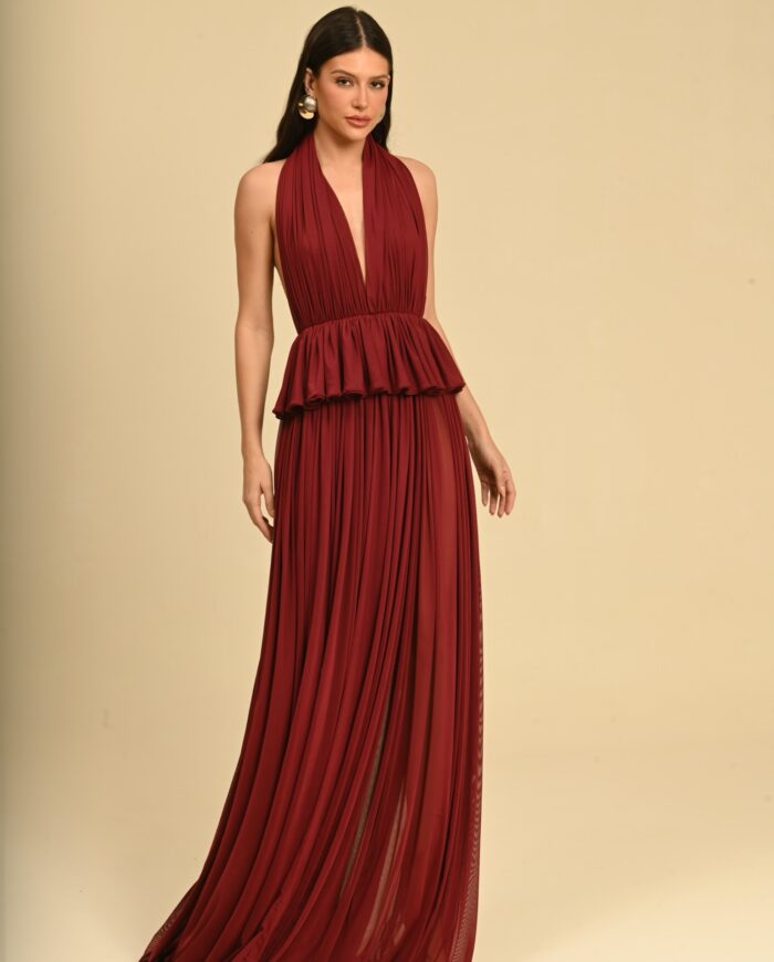 VESTIDO LONGO DRAPEADO BORDÔ
